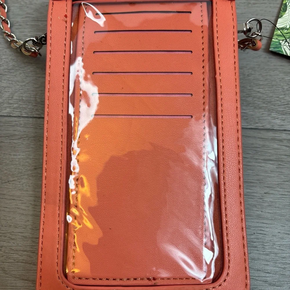 Badgley Mischka Vegan Leather Pearl Phone Case W/Card Holder Coral Crossbody NEW